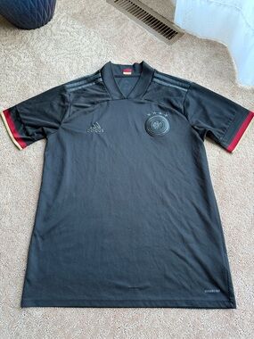 adidas Men’s Germany Football Jersey - Black with Red and Gold Sleeve Accents, S